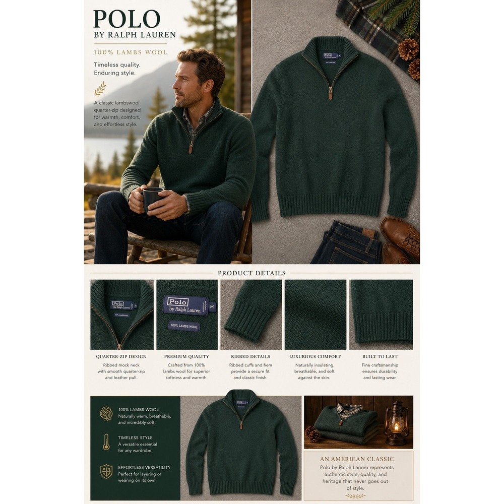 Polo Ralph Lauren Mens Green 100% Lambswool Quarter Zip Sweater Size M - Picture 1 of 10